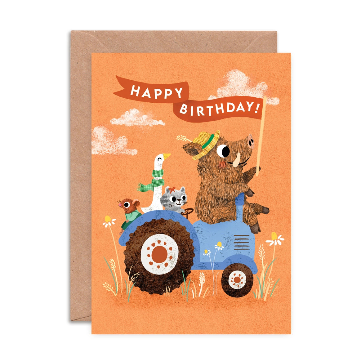 Birthday tractor greeting card shown with its 100% recycled kraft envelope.