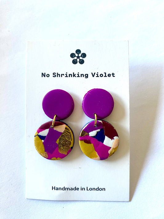 Winter Sunrise Earring - Mini Violet. Made with polymer clay. Purples, pinks, mustard, gold and white abstract drop earrings.