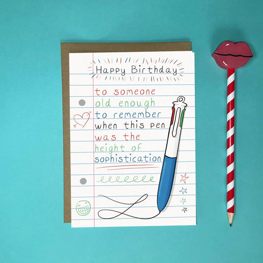 A6 funny birthday card with 4 colour pen design, showing Kraft envelope and texture