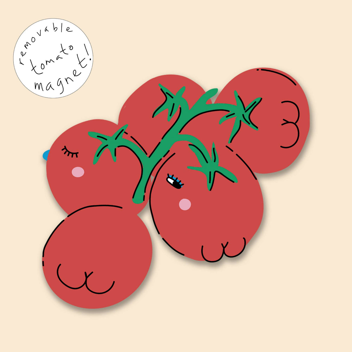 Close up of the chopped tomato fridge magnet on a greeting card