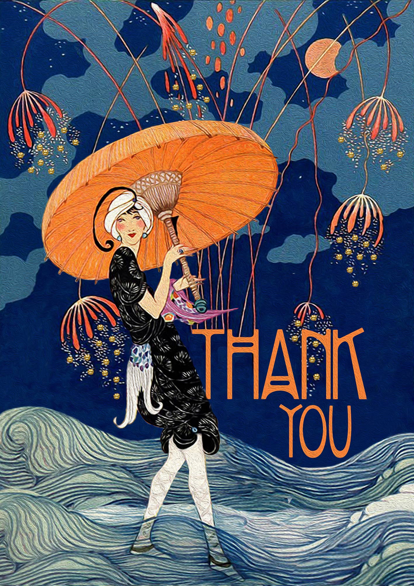 Hand glittered vintage thank you card showing a woman with orange umbrella on blue, encapsulated glitter, blank inside, 5x7”, with ivory envelope