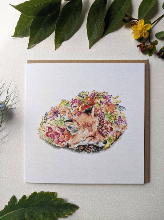 Sleeping Fox with Flowers Blank Greeting Card