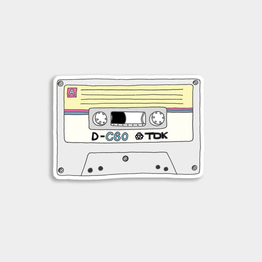 Hand-drawn pastel cassette tape vinyl sticker, celebrating retro 80s and 90s mixtape nostalgia—perfect for laptops, water bottles, and record players.