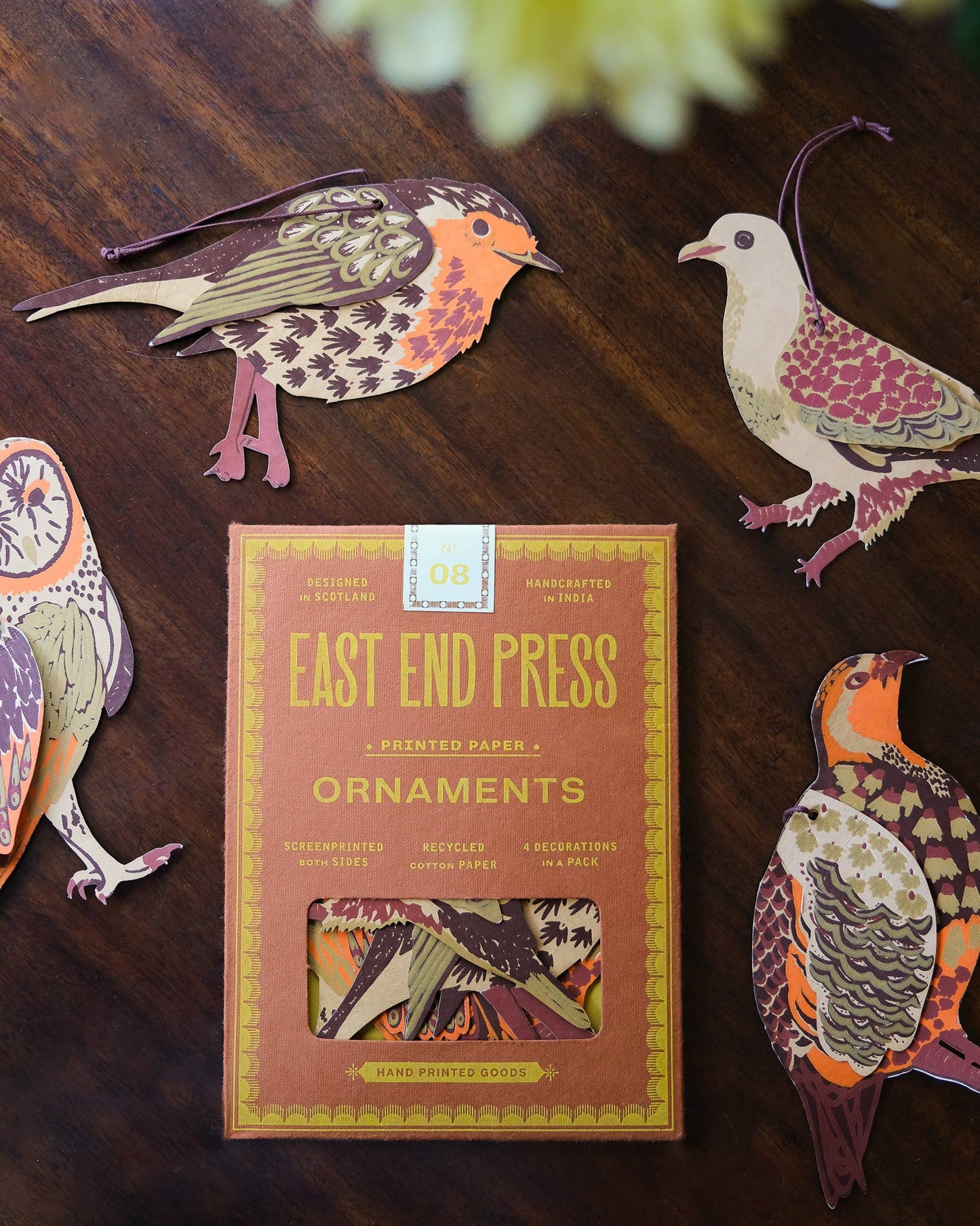 Close-up of Winter Birds Paper Ornaments set featuring partridge, owl, robin, dove