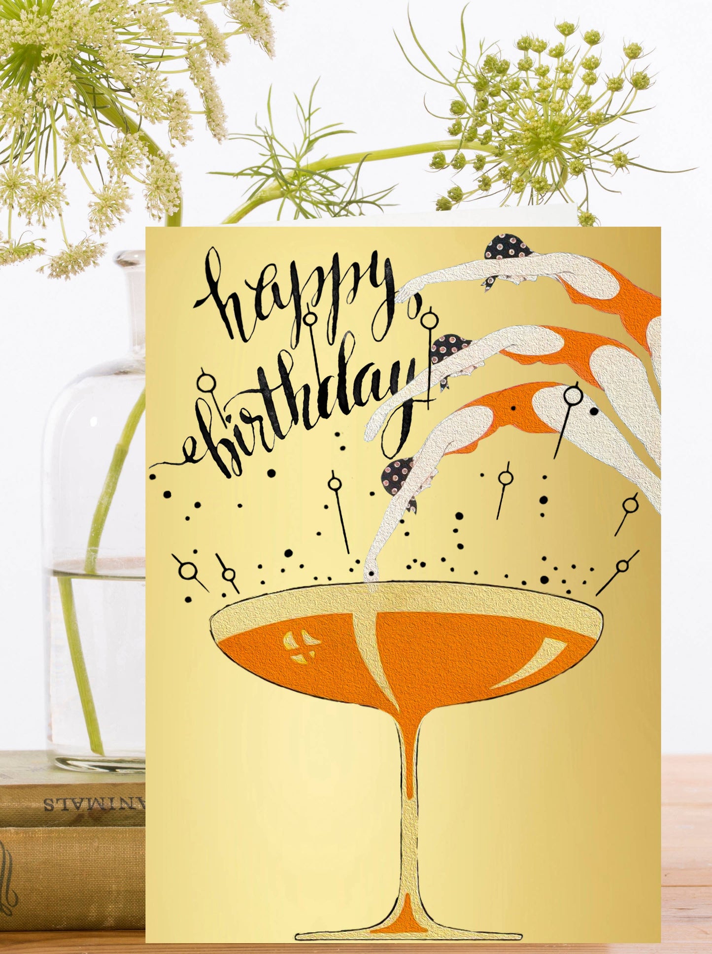 Art Deco Gold Foil Birthday Card with ladies diving into champagne coupe, ivory envelope