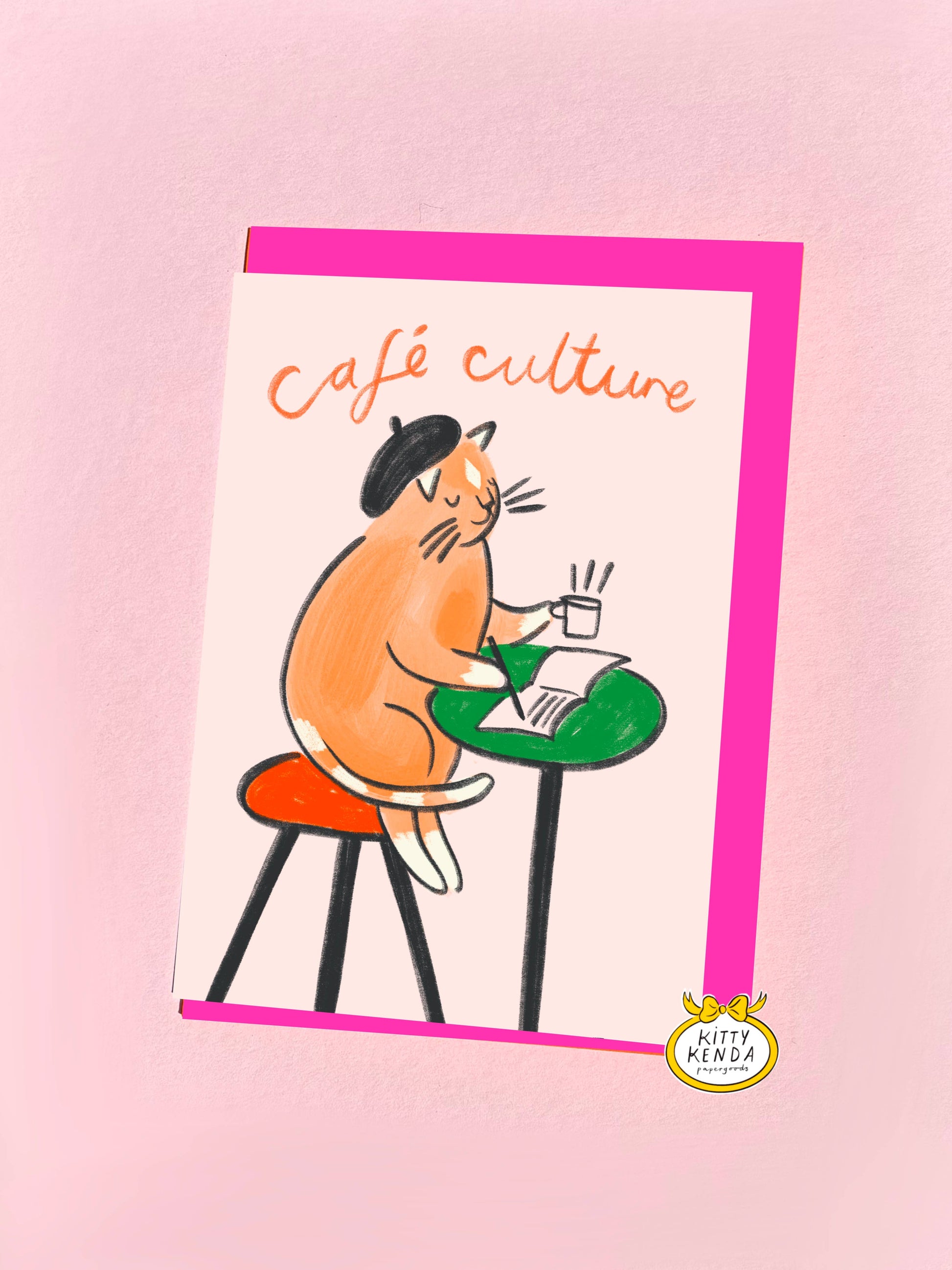 Cafe Culture Cat Greeting Card by Kitty Kenda