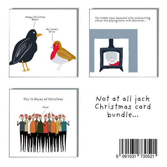 Not At All Jack Christmas Card Pack, three funny illustrated Christmas cards, 300gsm Calisto soft white card and red envelope.