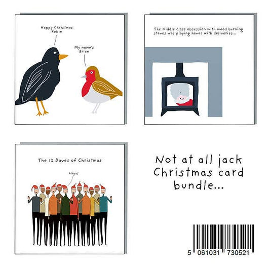 Not At All Jack Christmas Card Pack, three funny illustrated Christmas cards, 300gsm Calisto soft white card and red envelope.