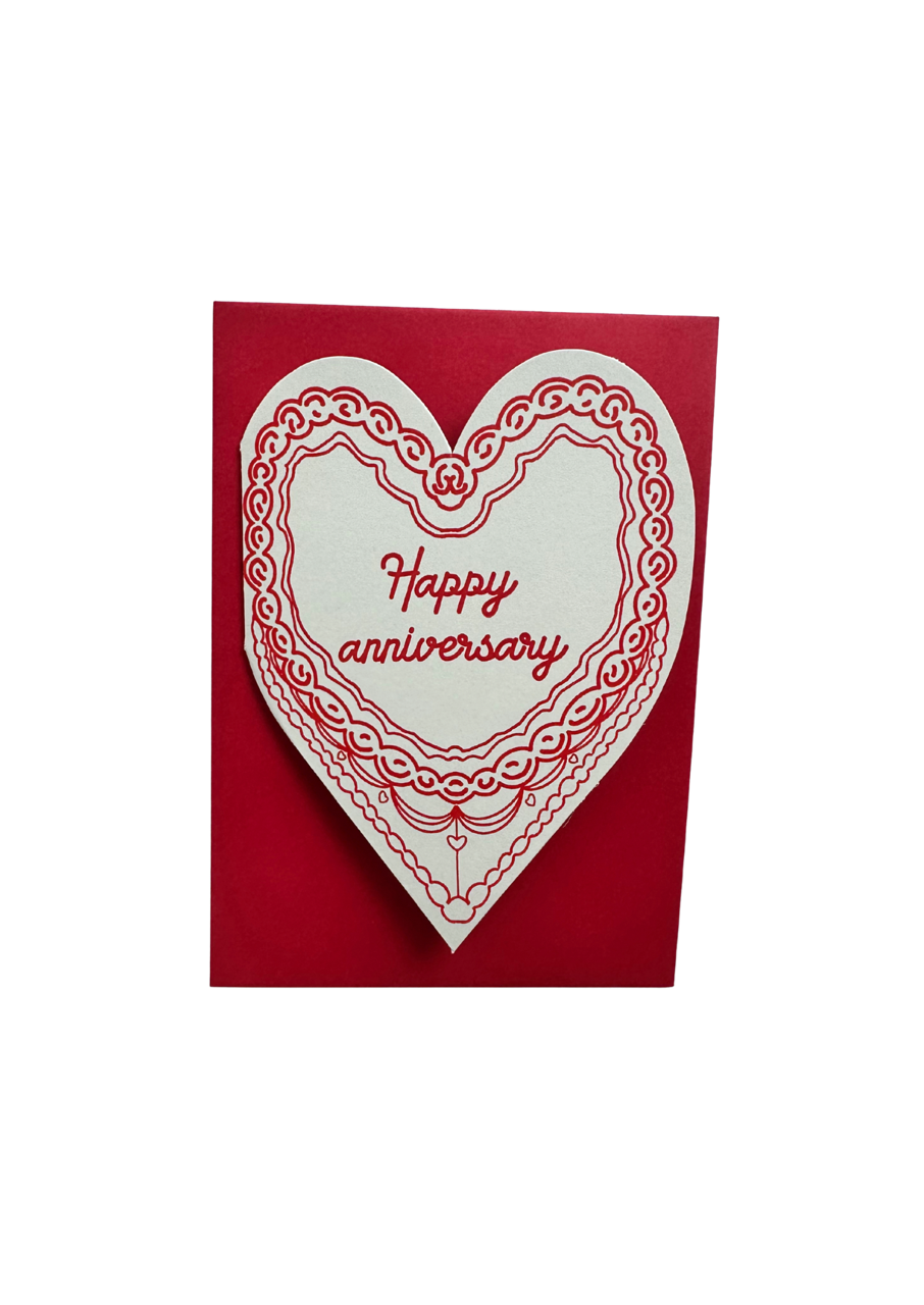 Letterpress anniversary card by Soch and Co.—retro cake illustration, hand drawn, die cut, with C6 envelope, perfect for wedding or engagement celebrations.