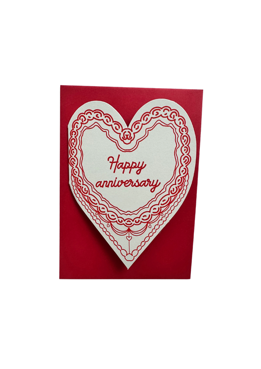 Letterpress anniversary card by Soch and Co.—retro cake illustration, hand drawn, die cut, with C6 envelope, perfect for wedding or engagement celebrations.