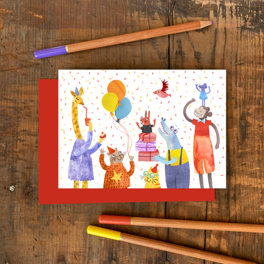Party Animals Birthday Card with recycled brown kraft envelope, sustainably sourced