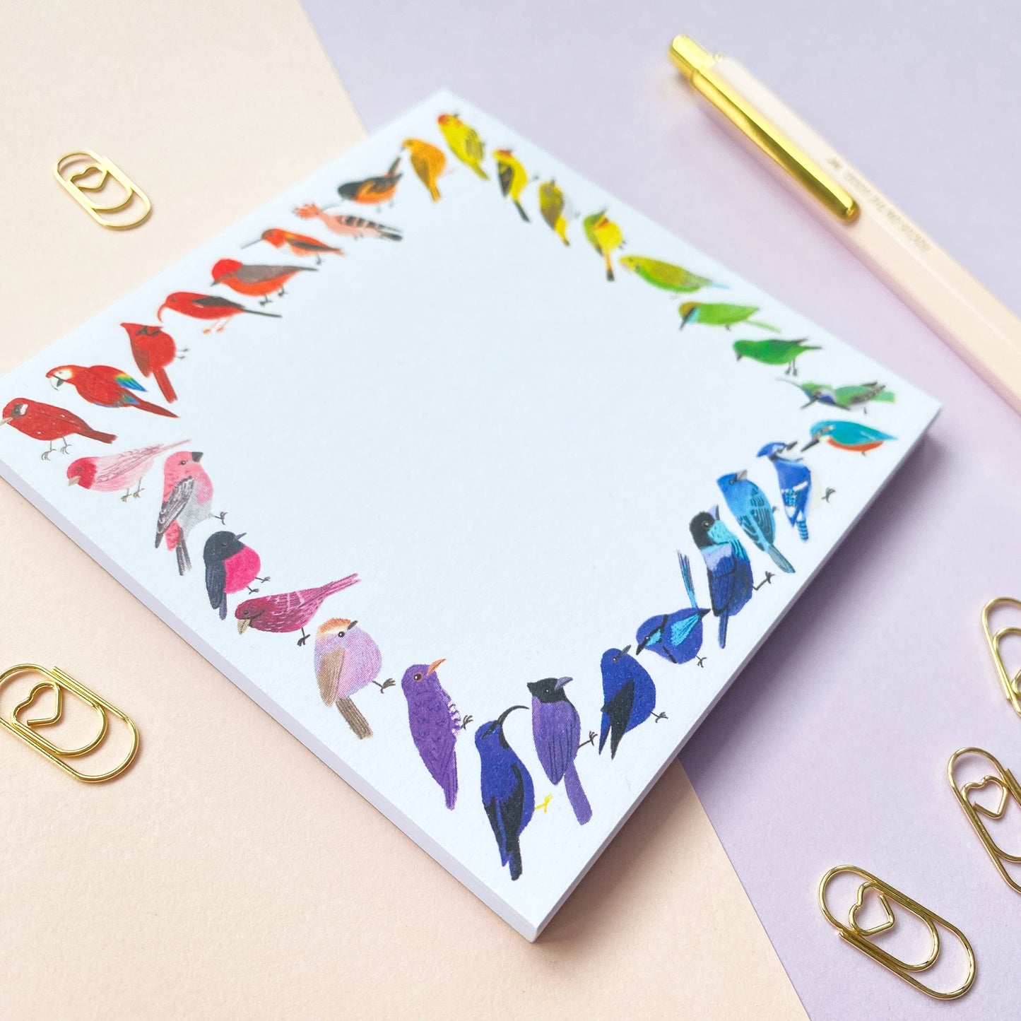 Bird Rainbow Memo Pad by Sarah Frances, 10cm x 10cm, 50 sheets, hand-illustrated rainbow birds, greyboard backing, colourful desk stationery.