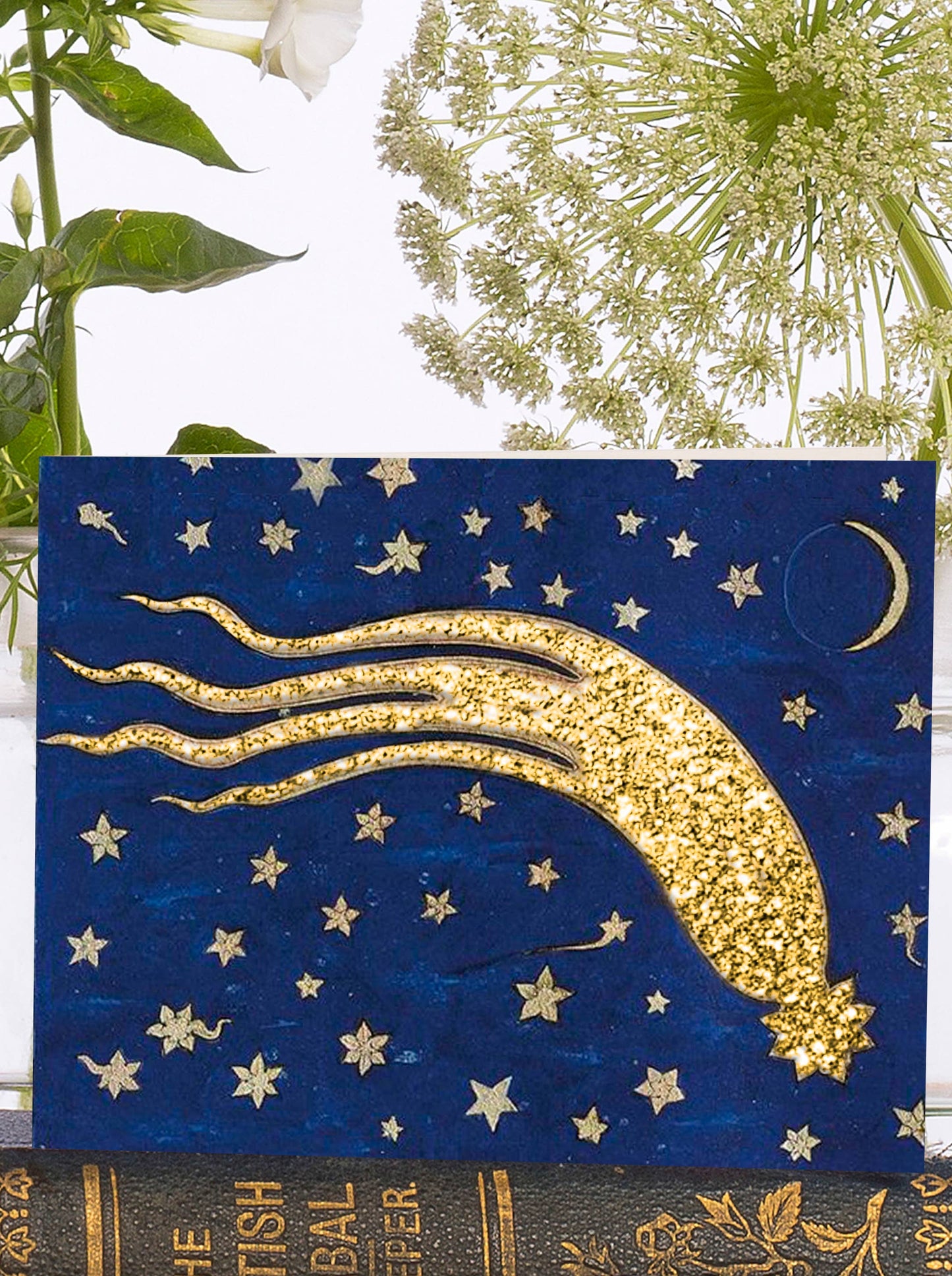 Vintage Christmas card with hand-applied glitter and ivory envelope