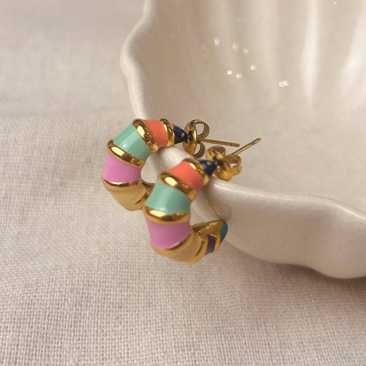 Little Nell Carnival Hoops – gold-plated, multicolour enamel hoop earrings, 18mm.