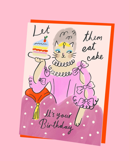 Kitty Antoinette birthday greeting card with exclusive hand-drawn cat in Marie Antoinette style, holding a birthday cake. Made in the UK