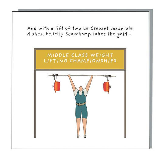 Felicity Beauchamp humorous greeting card by Not at all Jack with cartoon weight lifting illustration
