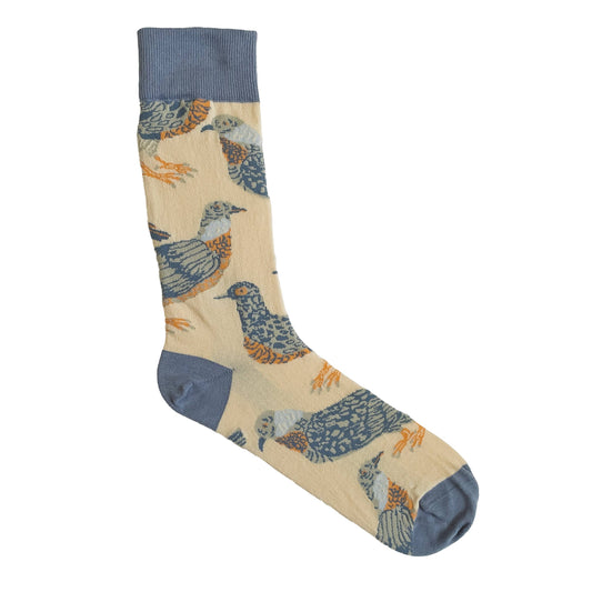 Pair of colourful Pigeon Cotton Socks by James Barker, laid flat to display the full quirky bird design and unisex sizing.