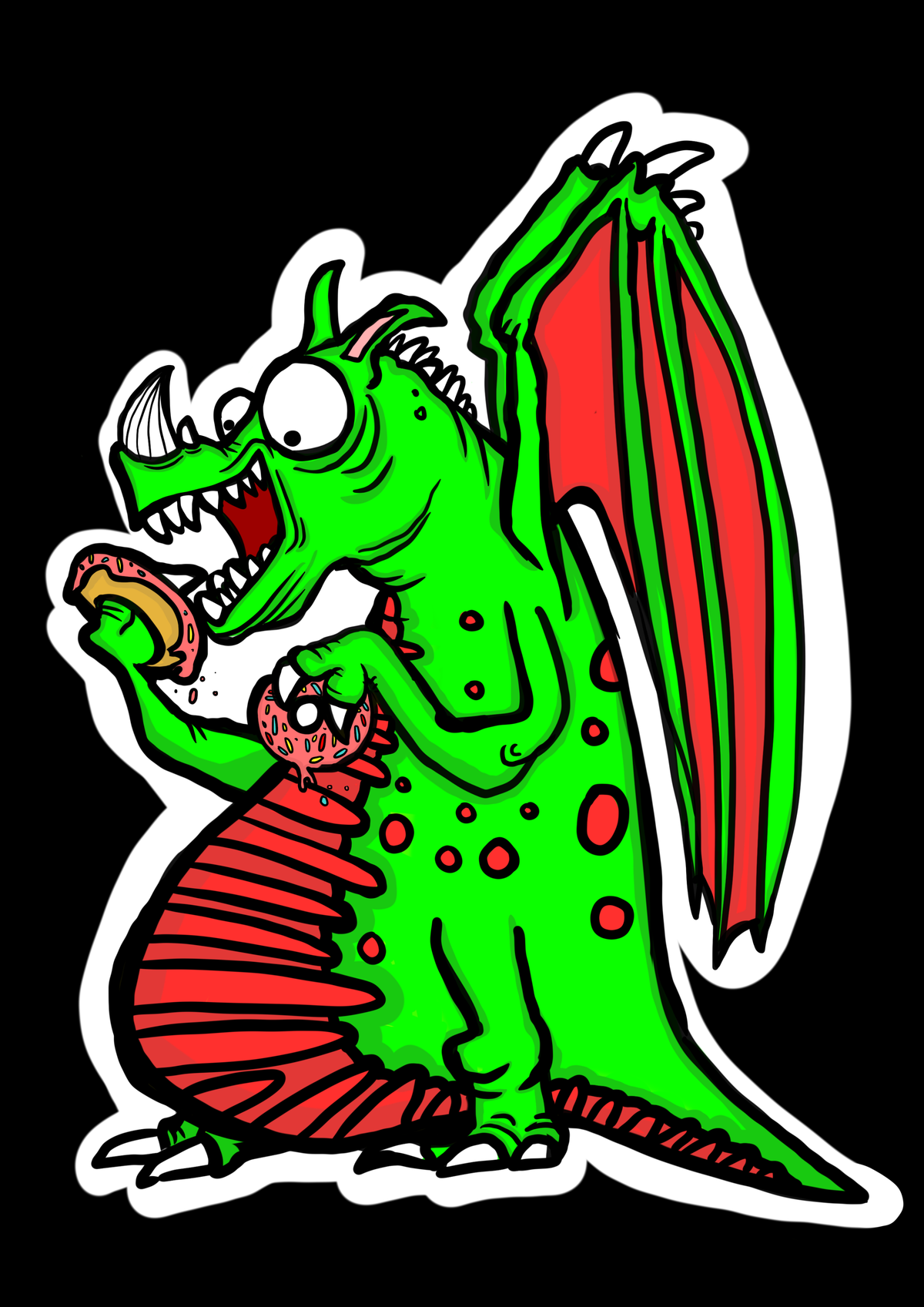 Colourful glossy vinyl sticker featuring a cute dragon eating doughnuts