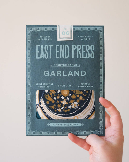 Handmade celestial paper garland with blue and teal planets and stars