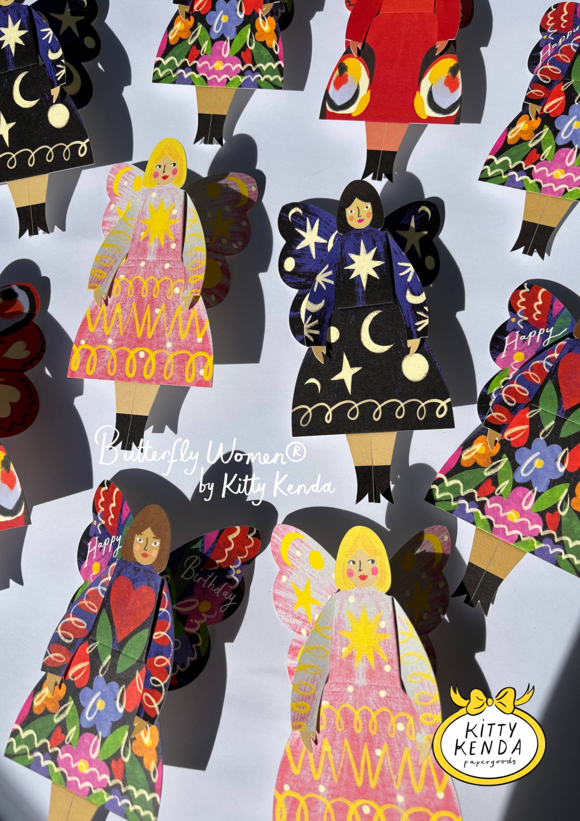 Butterfly Woman Sitting Greeting Card in Cosmic design, 3D foldable, Kitty Kenda Papergoods, UK-made