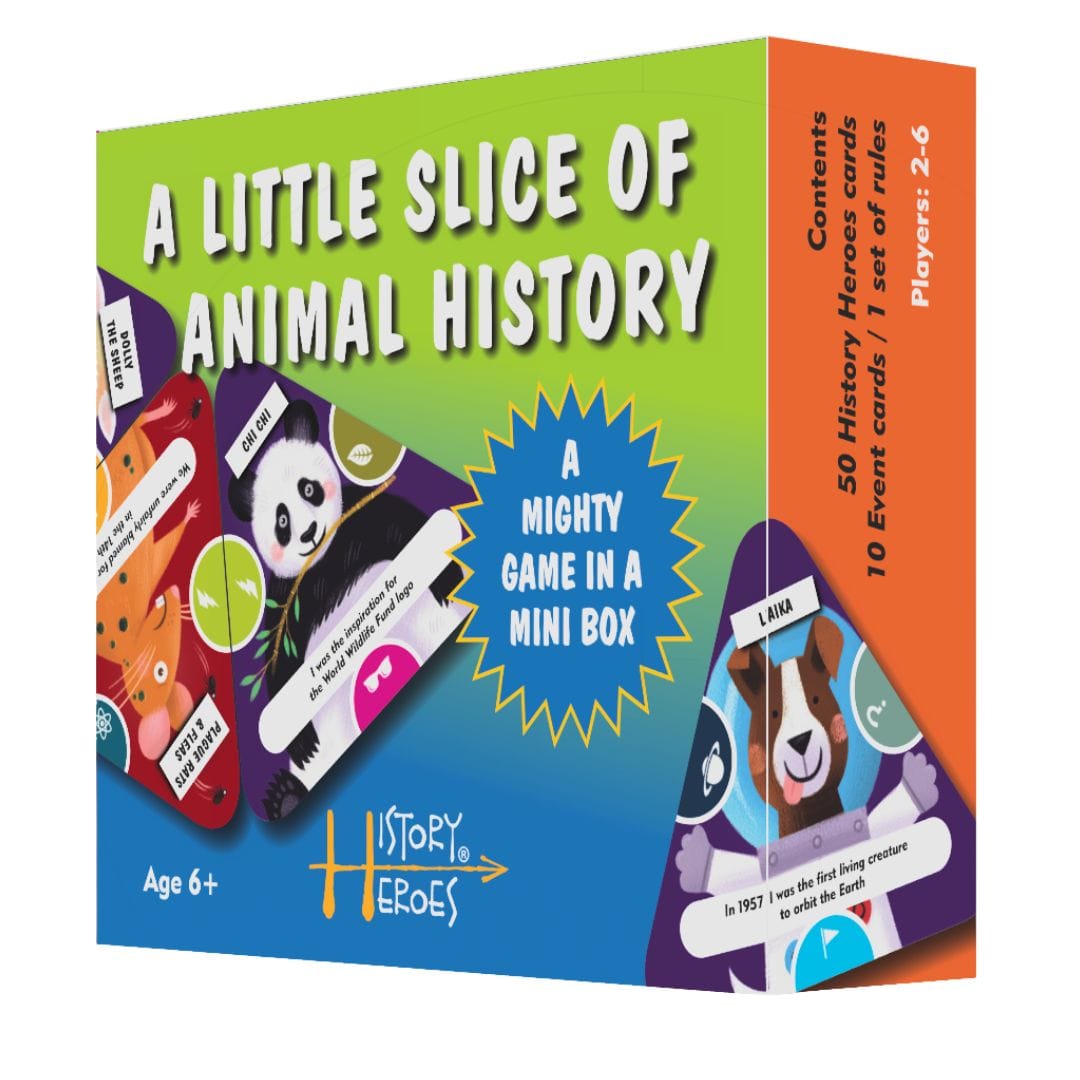 A Little Slice of Animal History card game box featuring illustrated animal heroes