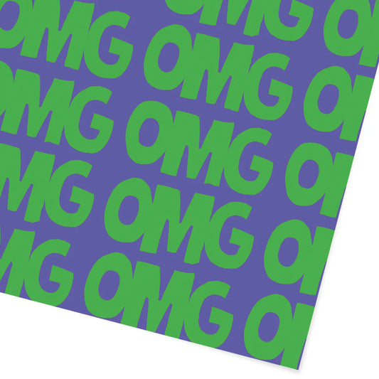 OMG Wrapping Paper Roll of  3 sheets. Blue background, green capital letters spelling out OMG. Repeated pattern across paper.