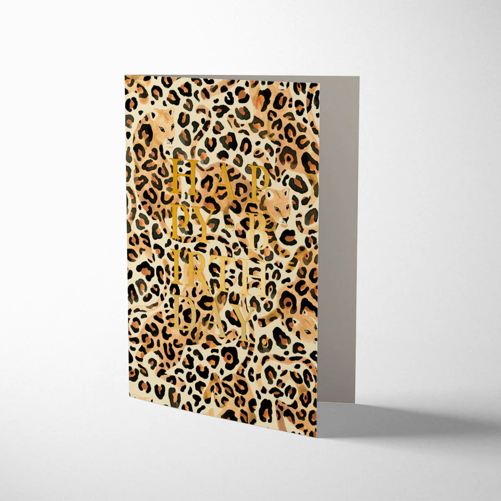 Leopard print birthday card with Happy Birthday gold foil text