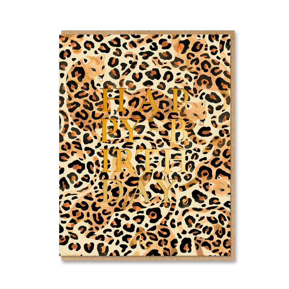 Close up of gold foil details on leopard print greeting card