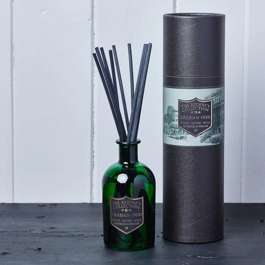 Parkminster Arabian Oud Reed Diffuser, Regency Collection: luxury green glass bottle, ten reeds, smoky leather and wood fragrance, plastic-free vegan diffuser, handmade in Cornwall UK