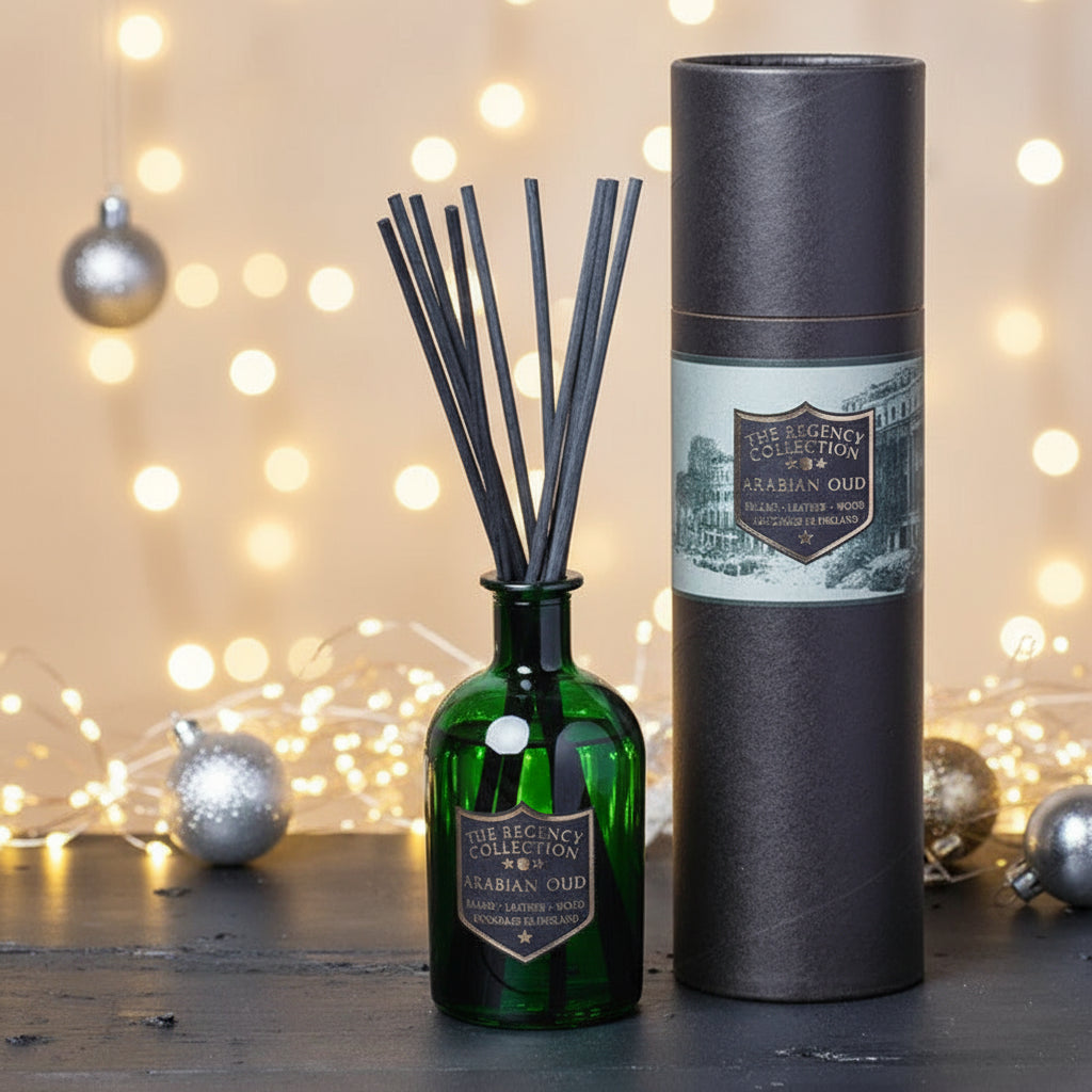 Parkminster Regency Arabian Oud Reed Diffuser, luxury green glass bottle, 10 natural reeds, vegan, eco-friendly, handmade in Cornwall UK
