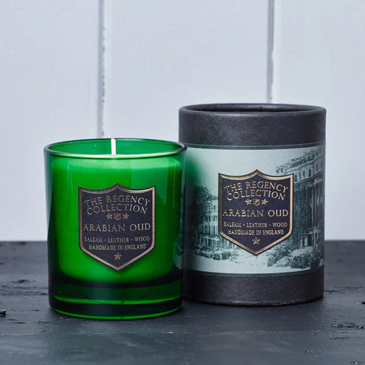 Arabian Oud Scented candle by Parkminster. With scents of Arabian Oud, Balsam, Leather and Wood. Handmade in the Cornwall, UK.

The beautiful green glass vessel is recyclable as is the black paper tube packaging.
