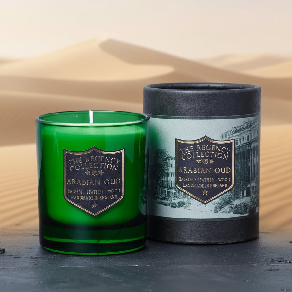 Arabian Oud Scented Soy Wax Candle in elegant green glass by Parkminster. Features rich notes of Balsam, Leather, and Wood. Handmade in Cornwall, UK.