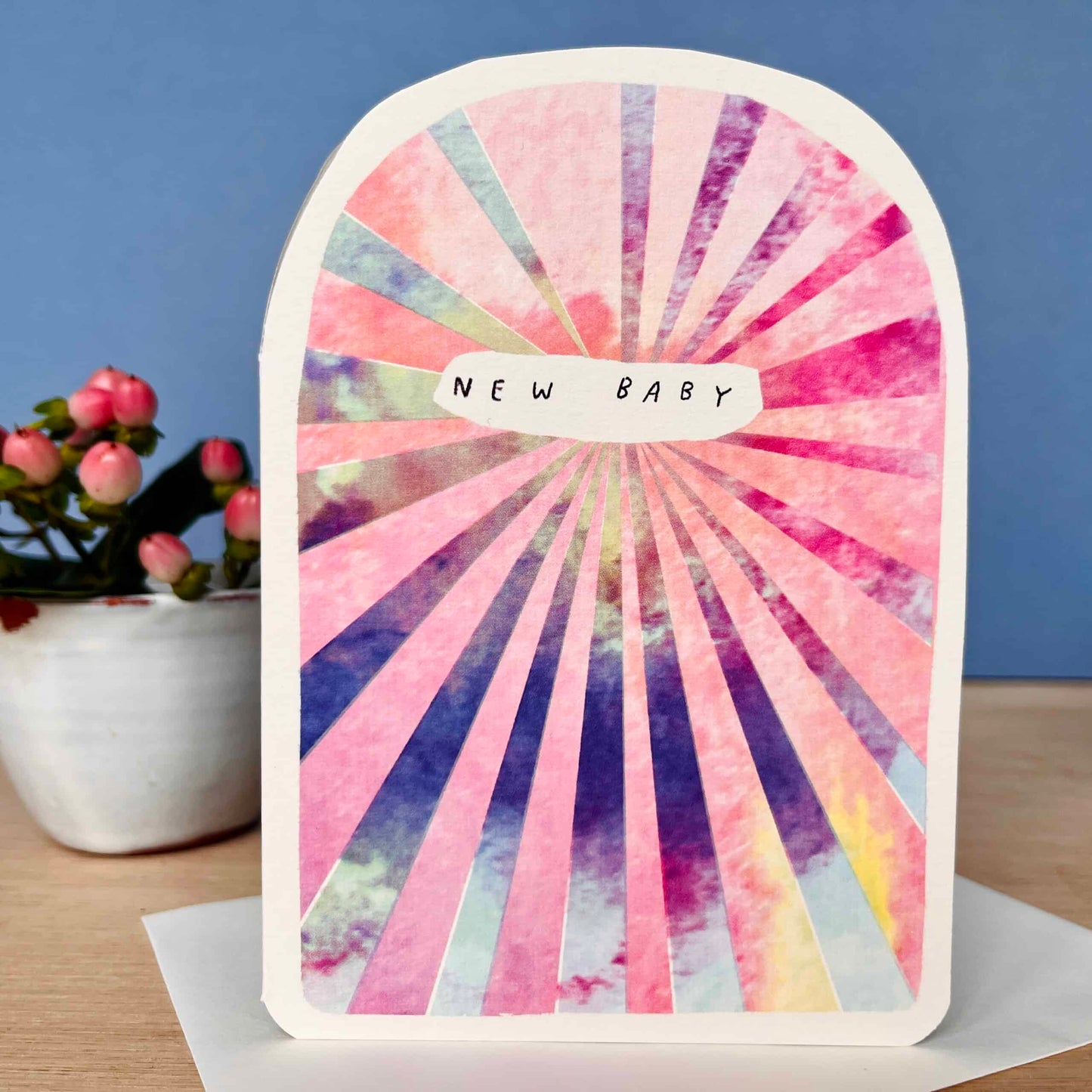Colourburst die-cut new baby greeting card by Laura Skillbeck handmade from recycled card.