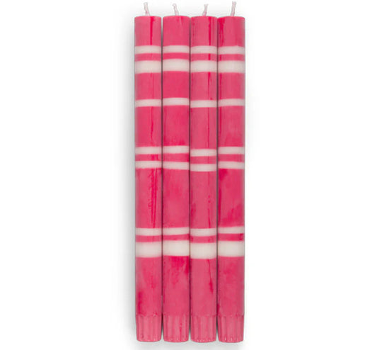 A box of four hand-poured, eco, fair trade dinner candles in a narrow, striped bands of British Colour Standard Oriental Red & Pearl. Non-drip, Fair Trade candles. Made from ecologically dyed;100% stearin wax (vegetable origin) with a pure cotton wick. No paraffin, no animal-derived ingredients. Hand poured in Indonesia.

Size: 24.5cm.