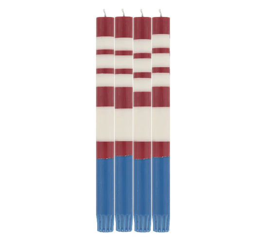 Striped Dinner Candles - Guardsman Red, Royal Blue & Pearl White