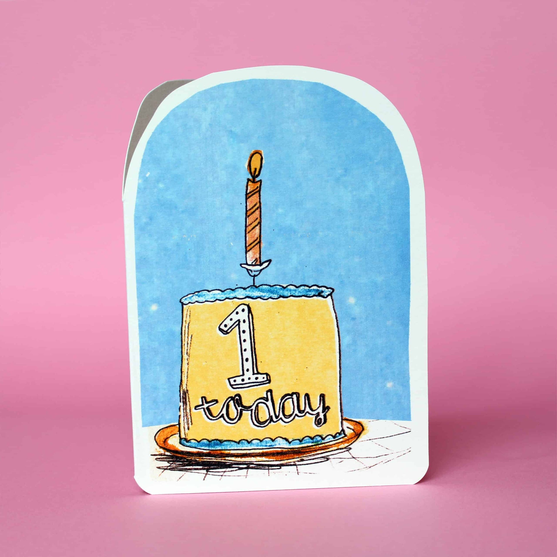 One Today 1st Birthday Card with Cake and Candle Illustration