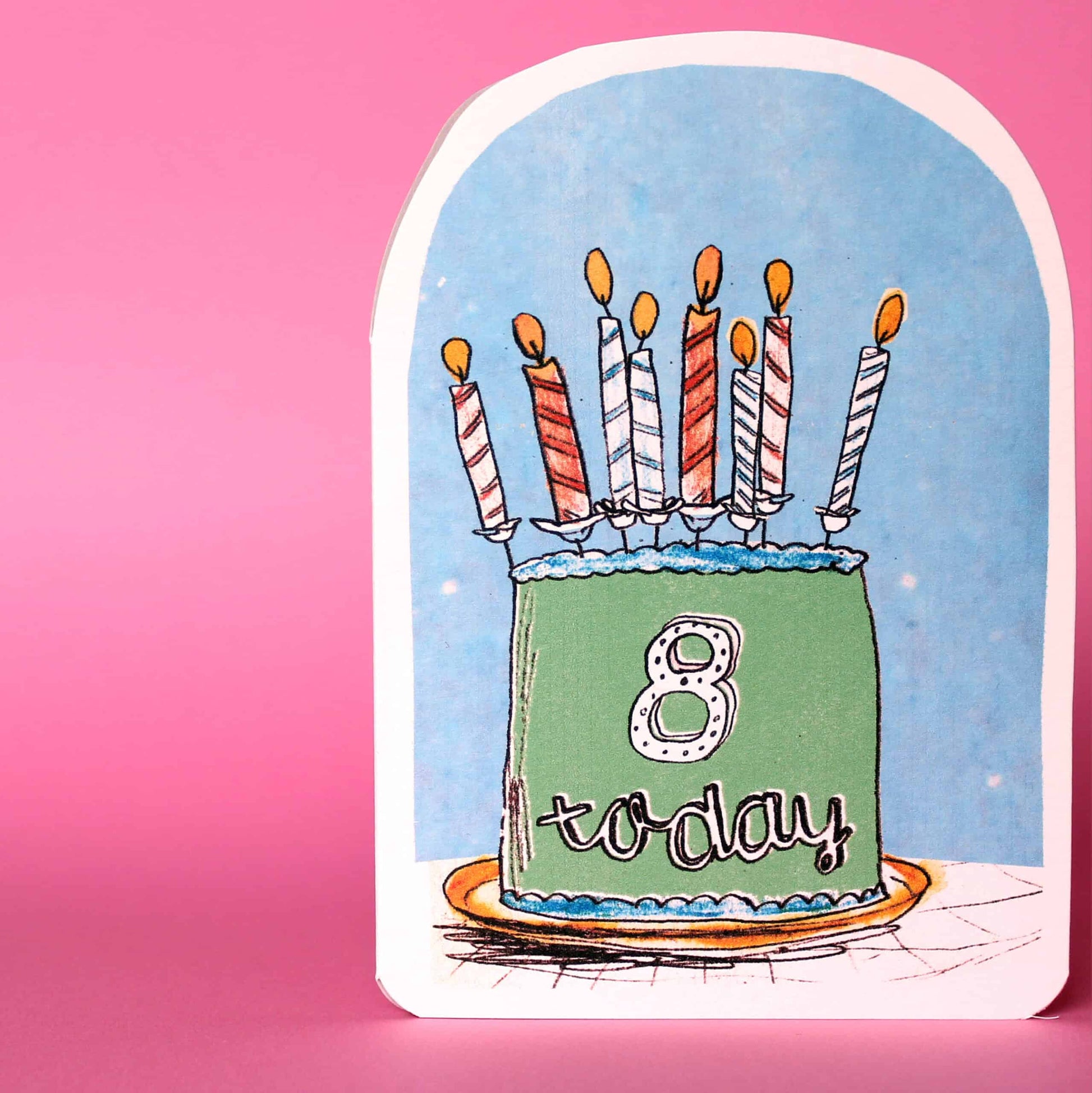 Eight Today Birthday Card featuring a cake and candles by Laura Skilbeck