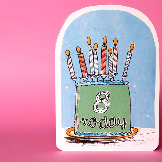 Eight Today Birthday Card featuring a cake and candles by Laura Skilbeck