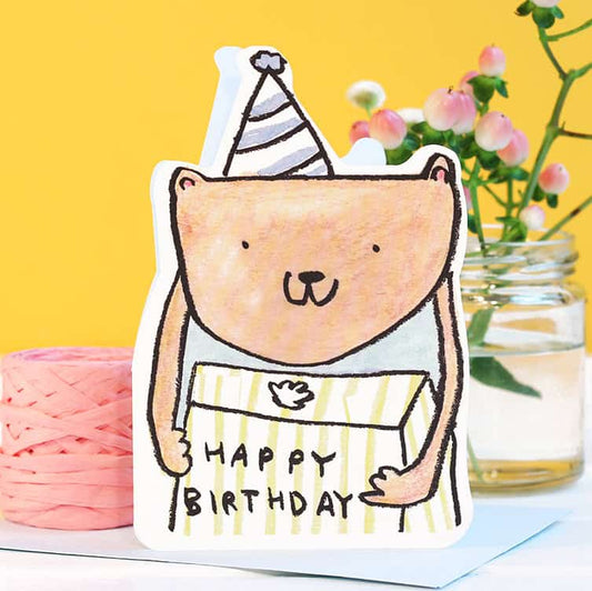 Bear Birthday Card with Party Hat and Gift by Laura Skilbeck