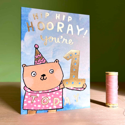 One Today Gold Foil 1st Birthday Card featuring a cute bear by Laura Skilbeck
