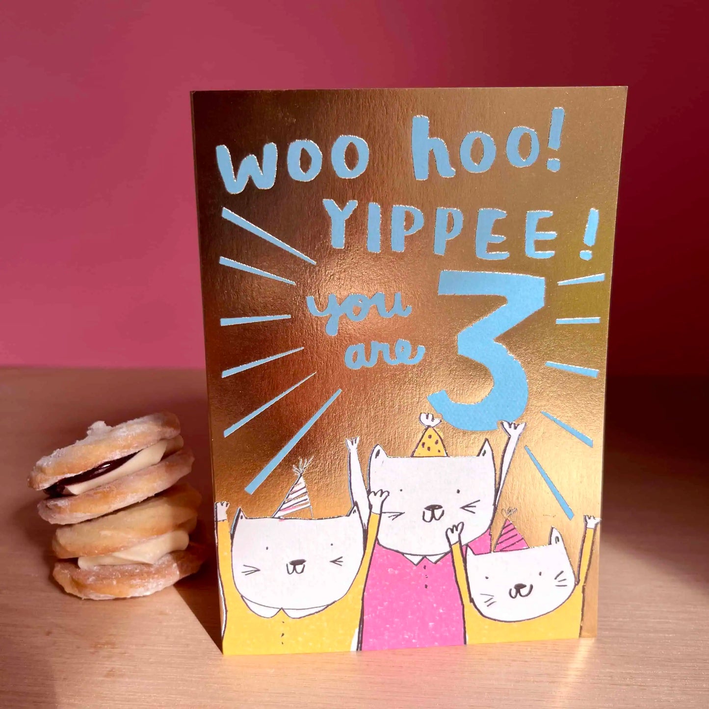 Three Today Gold Foil 3rd Birthday Card | Laura Skilbeck