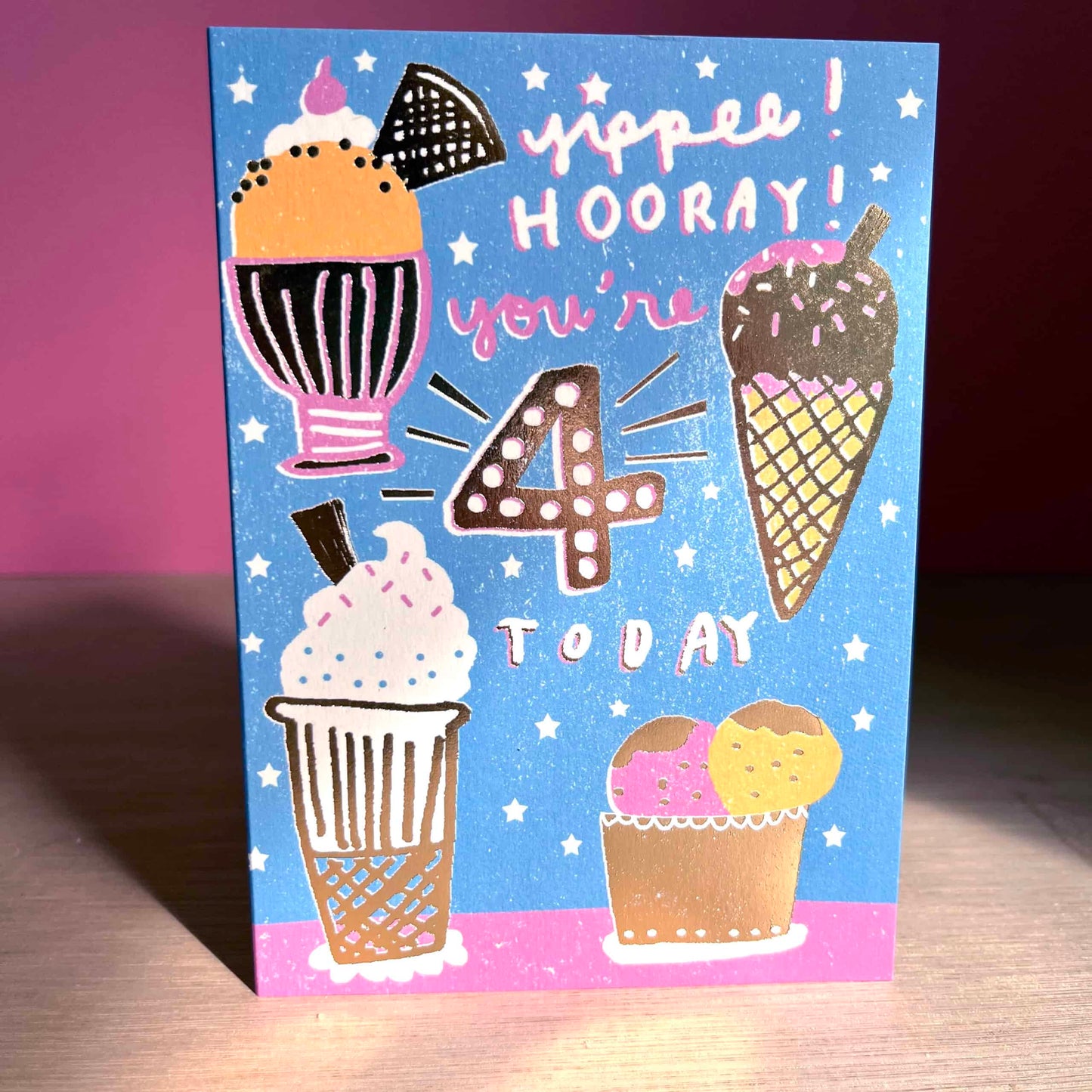 Laura Skilbeck Four Today Gold Foil 4th Birthday Card with Ice Cream Design