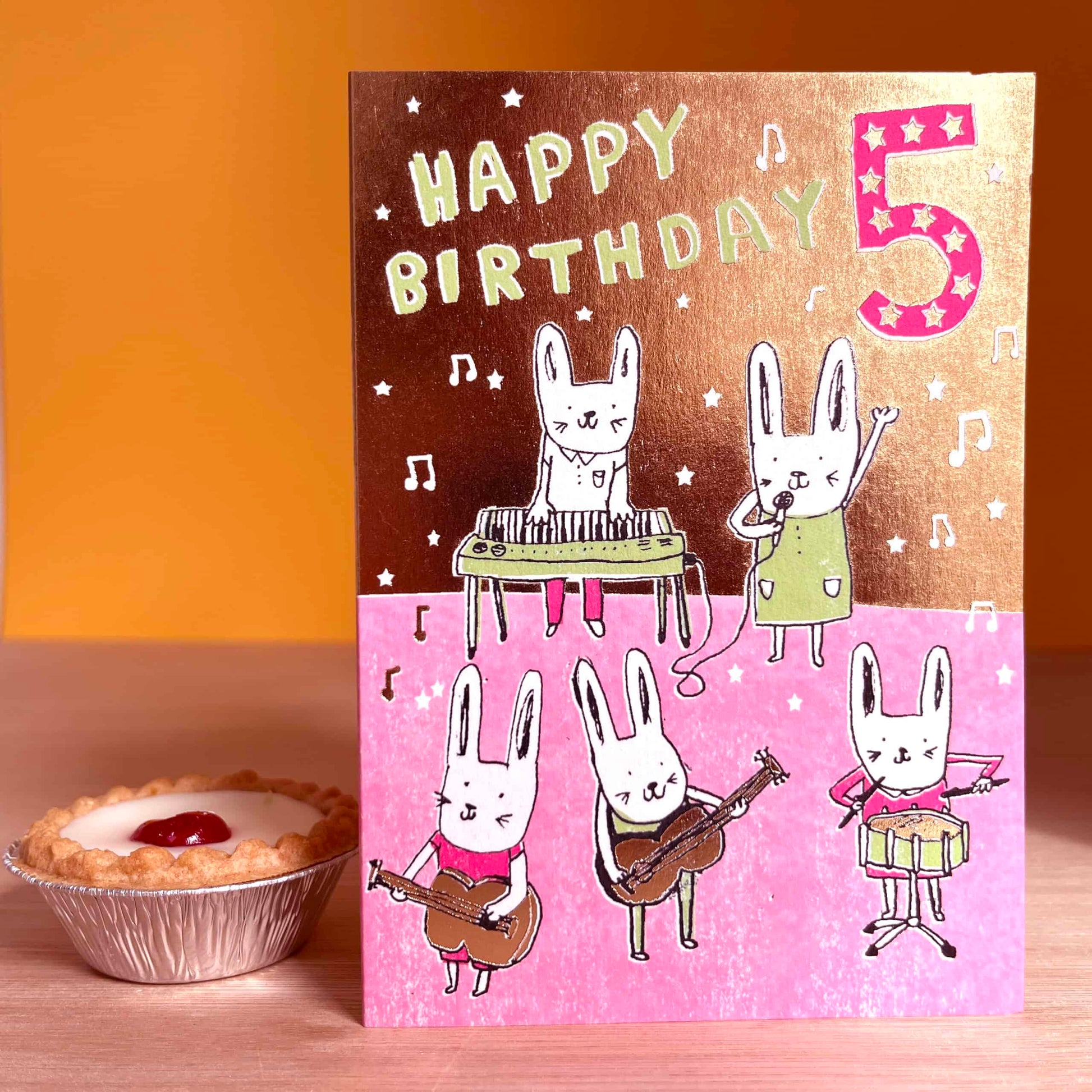 Five Today Gold Foil 5th Birthday Card featuring a bunny band illustration by Laura Skilbeck