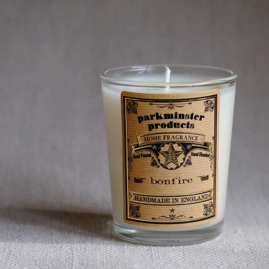Parkminster Bonfire Votive Candle in recyclable glass, cedarwood wild oak wet leaves fragrance, sustainable 75g soy candle handmade in Cornwall UK