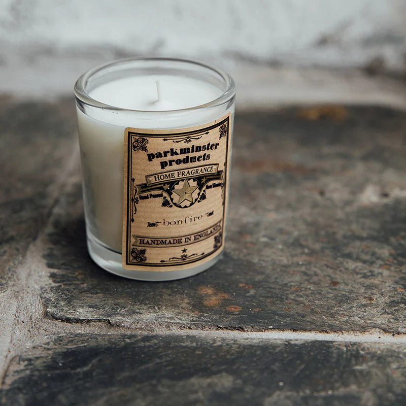 Parkminster Bonfire Votive Candle in recyclable glass, cedarwood wild oak wet leaves fragrance, sustainable 75g soy candle handmade in Cornwall UK