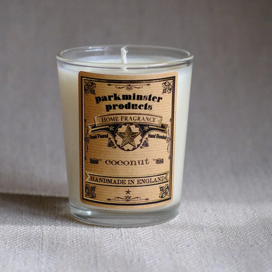 Parkminster Coconut & Vanilla Soy Candle in recyclable glass, fruity creamy fragrance with vanilla, orchid, rose, 75g handmade sustainable tropical votive