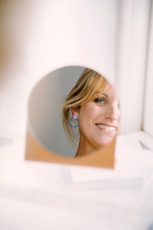 Close-up of Lilac & Ink Blue Colour Circle & Dot earrings by Copper Bee