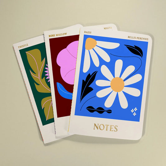 Columbia Road stitched notebooks set by Darling Clementine, featuring Daisy, Thistle & Rose Mallow floral illustrations, gold foiling on sustainably certified paper, handmade in Brighton, set of 3.