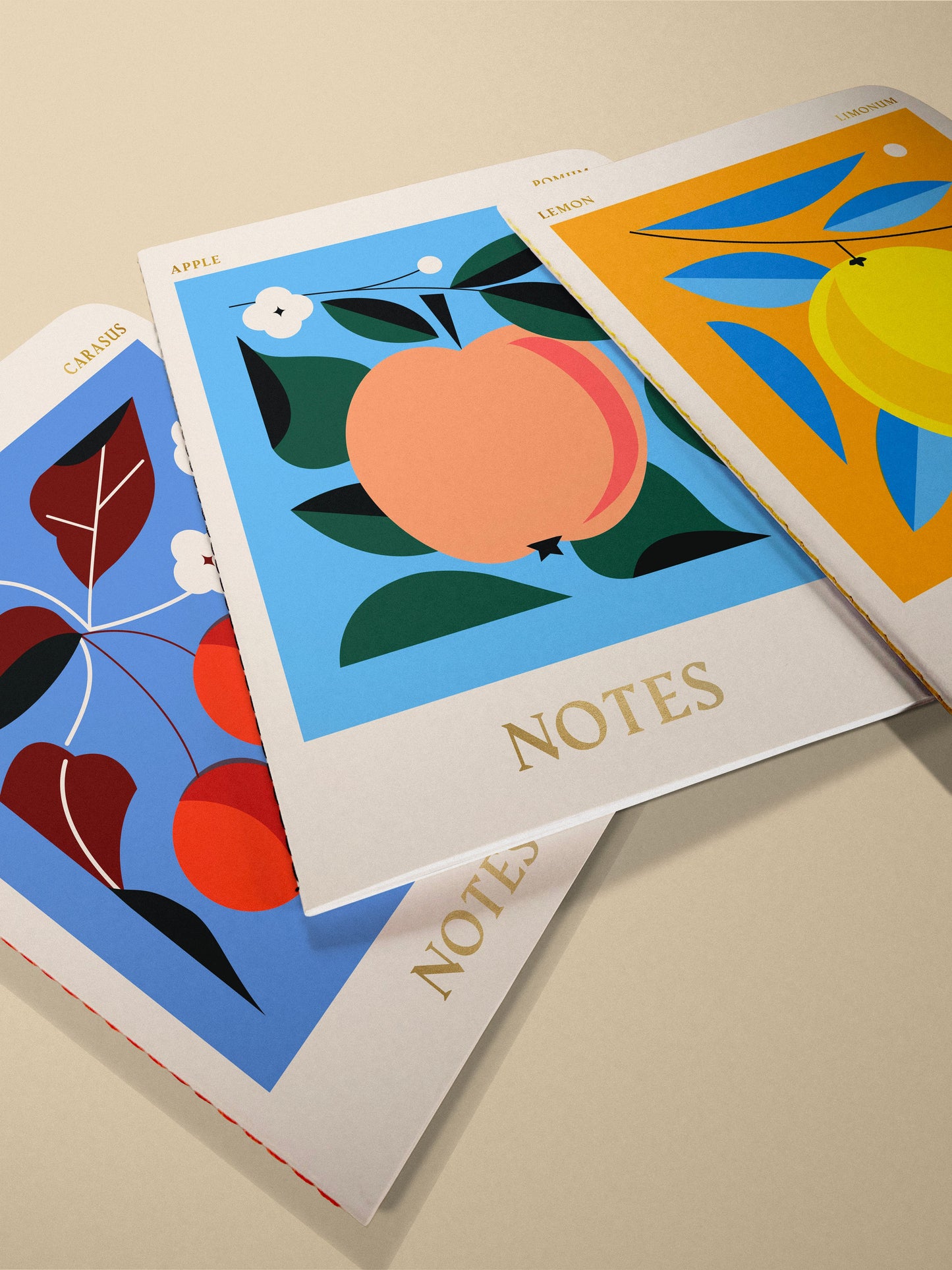 Darling Clementine sustainable stitched notebooks set (cherry, apple, lemon) handmade in Brighton, UK.