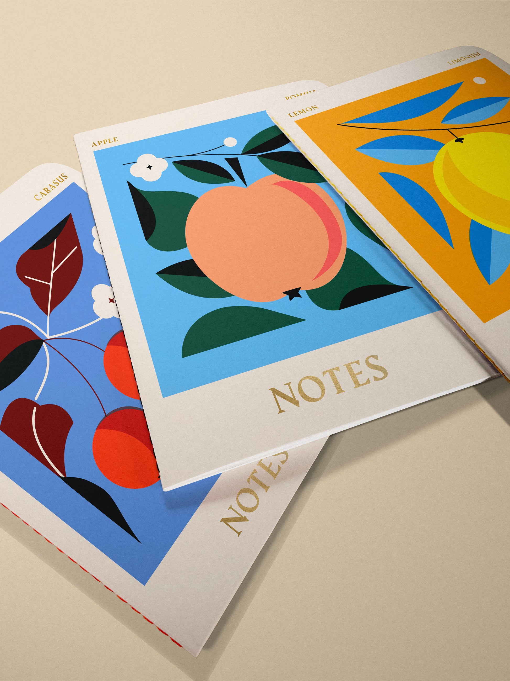 Darling Clementine sustainable stitched notebooks set (cherry, apple, lemon) handmade in Brighton, UK.